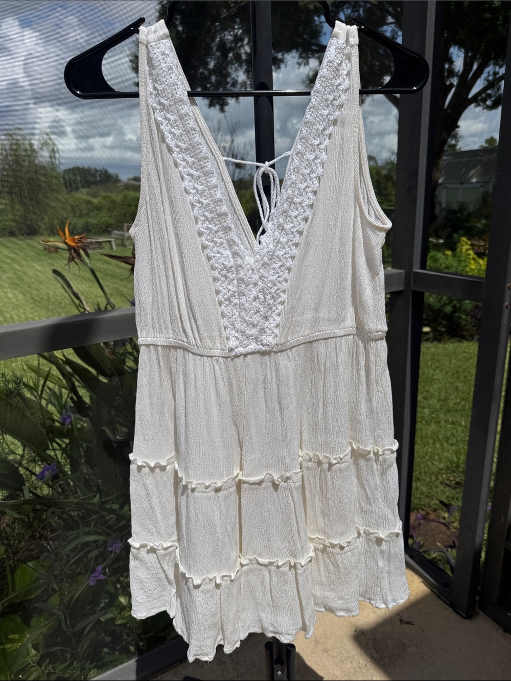 Boho Cream Crochet V-Neck Tiered Mini Dress/cover up